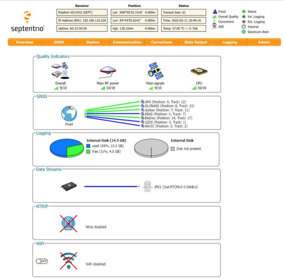 Septentrio PolaRx5 GNSS Reference Receiver Web User Interface (WebUI)